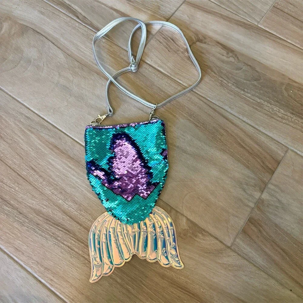 Justice Mermaid Flip Sequin Crossbody Purse Bag Teal Purple Holographic